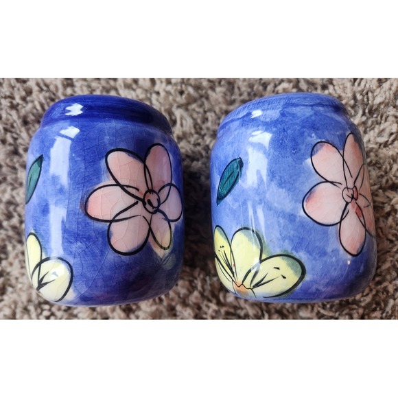 Other - Vintage‎ Hand Painted Floral Ceramic Salt and Pepper Shakers Blue Glaze Set